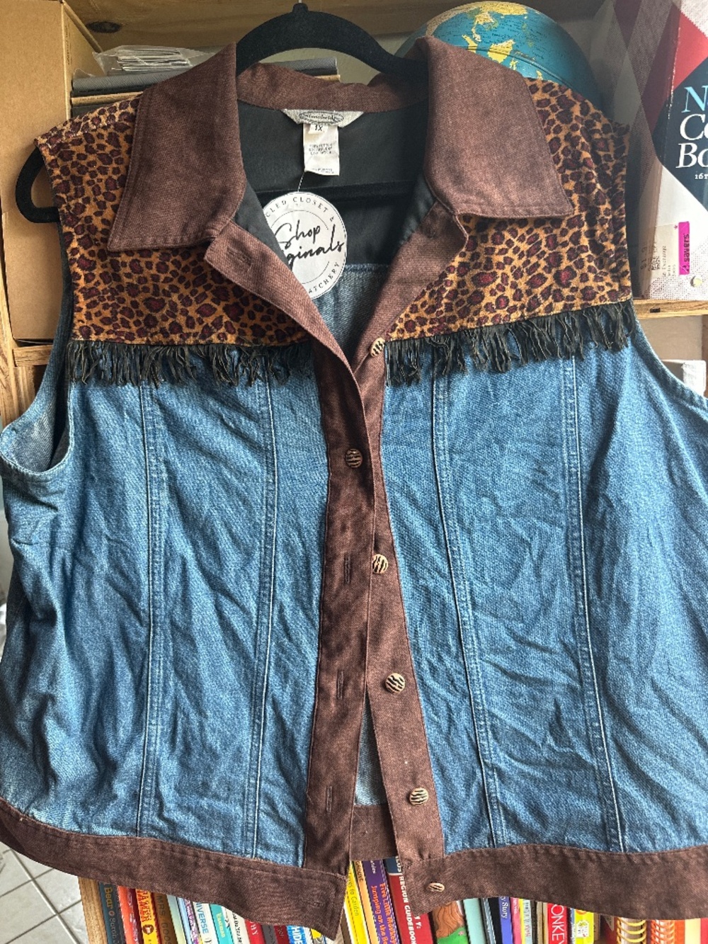 Vintage-Inspired Leopard Fringe Denim Western Shirt | Patchwork Cowgirl Top | Si